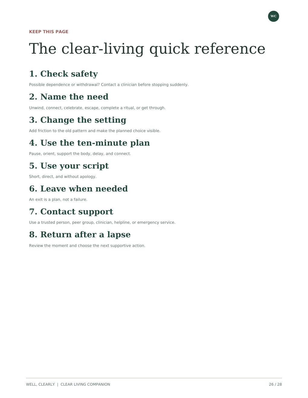 Clear Living quick reference page