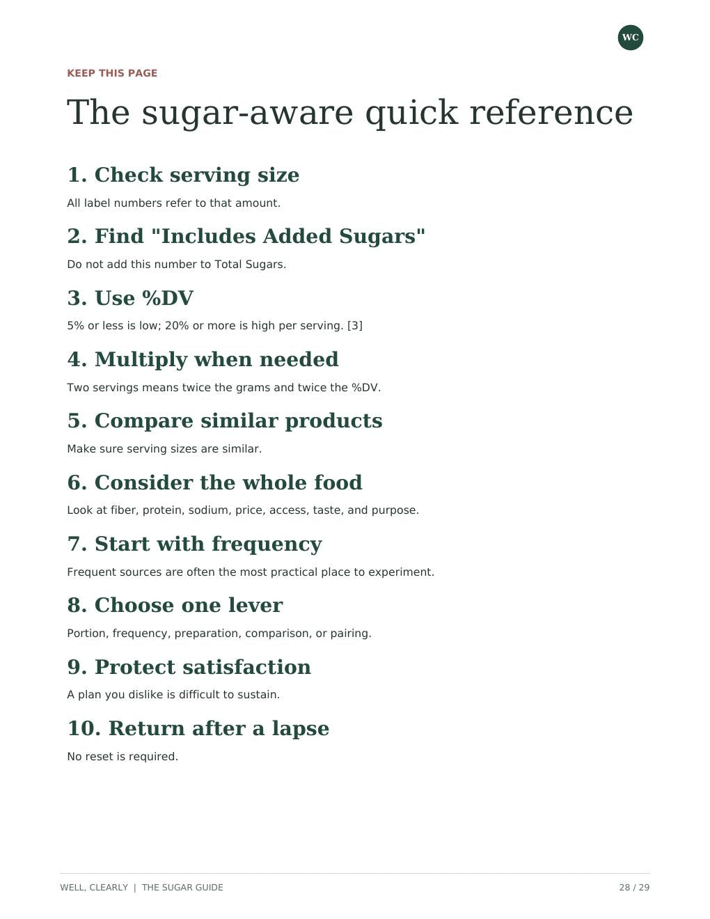 Sugar Guide quick reference page