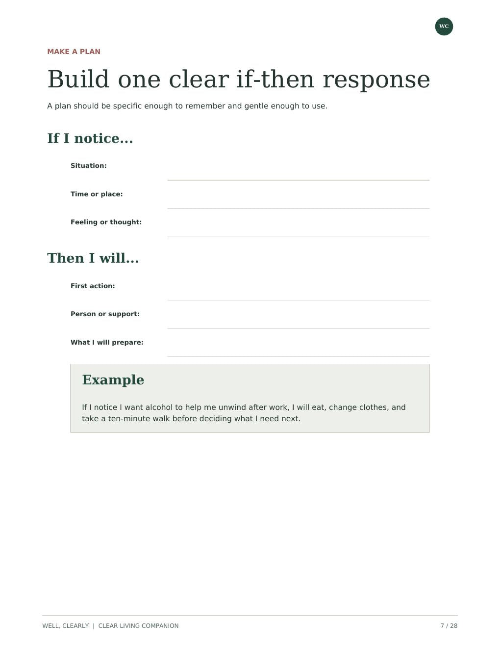 Clear Living if-then plan page